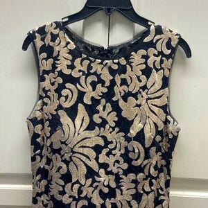 Gorgeous Betsy & Adam gown w/black tulle & champagne colored sequins. Size 6.